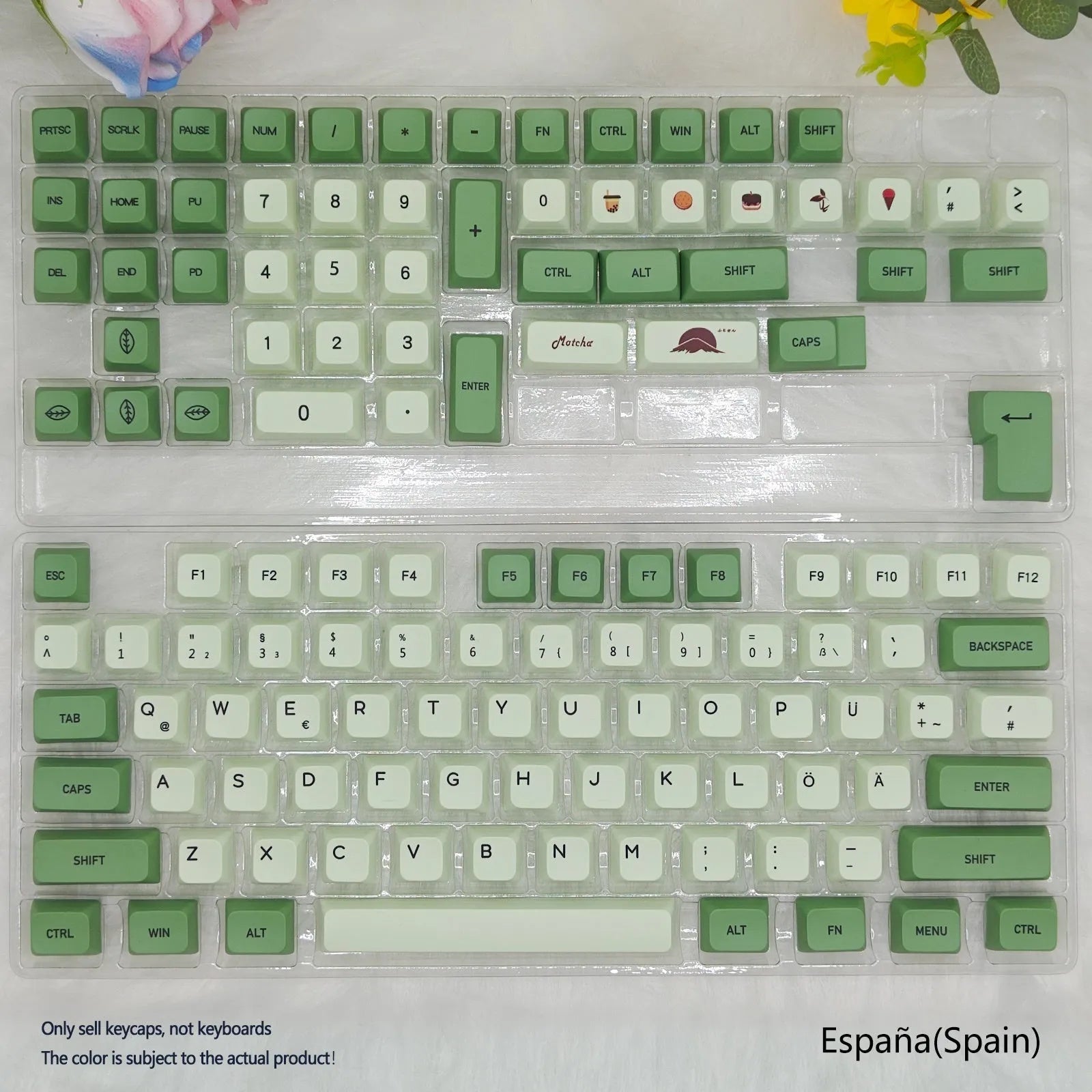 Matcha green PBT keycap set with 124 keys for mechanical keyboards, showing sublimation dye legends.