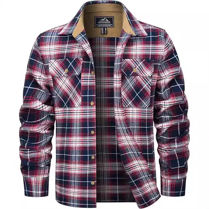 Man wearing a plaid button-down flannel shirt in cardigan style, showcasing orange and green colour options.
