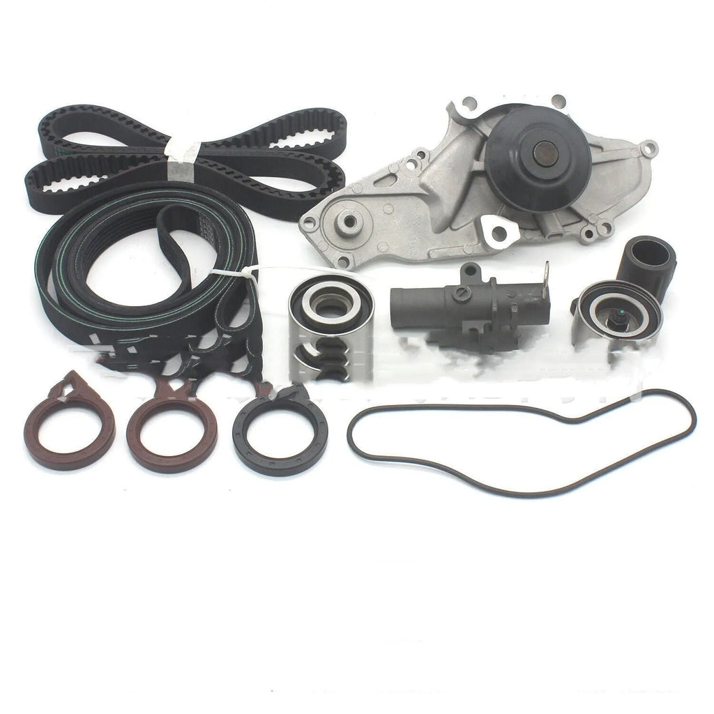 Metal automotive belt and water pump assembly showing dimensions of 28cm by 18cm by 16cm.