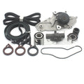 Metal automotive belt and water pump assembly showing dimensions of 28cm by 18cm by 16cm.