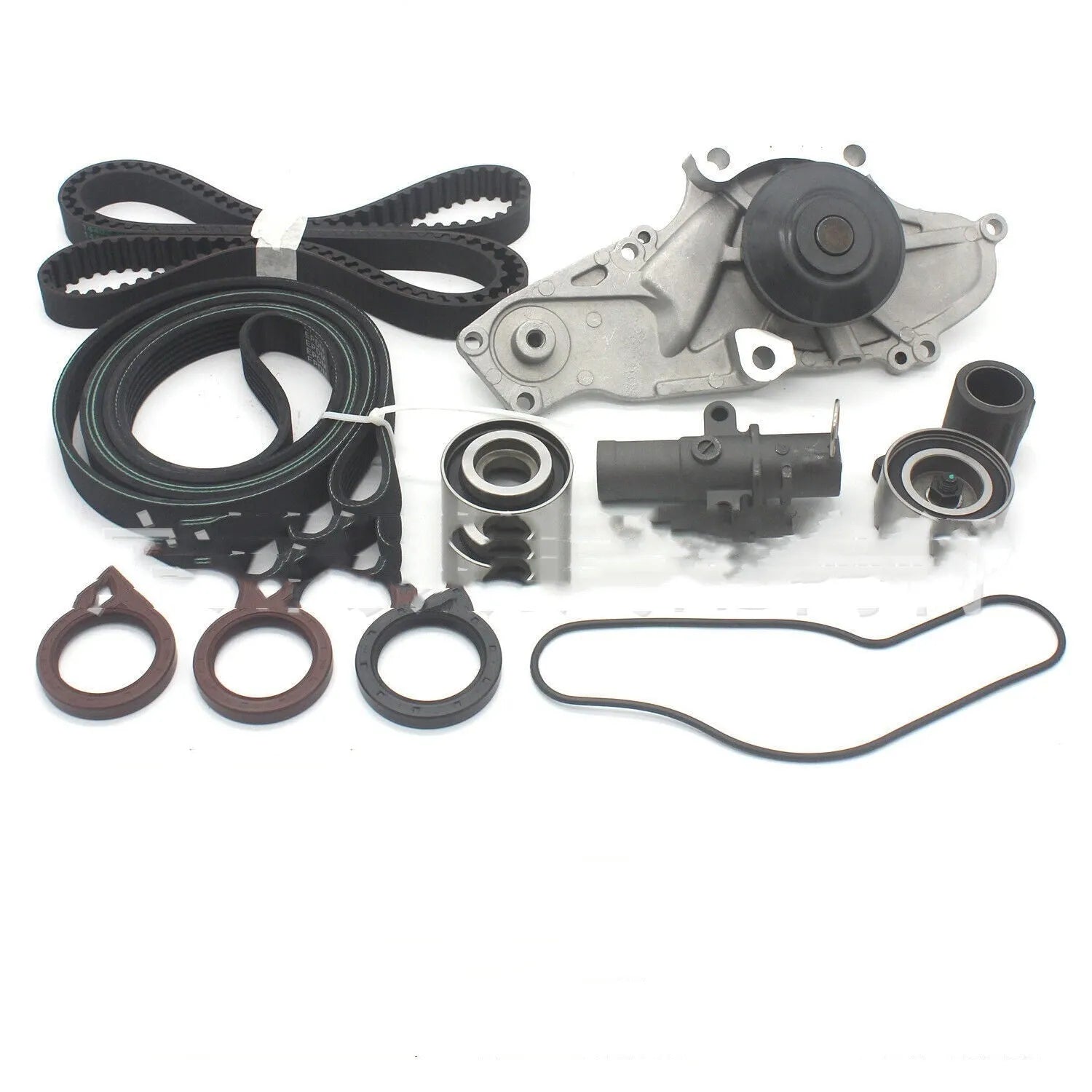 Metal automotive belt and water pump assembly showing dimensions of 28cm by 18cm by 16cm.