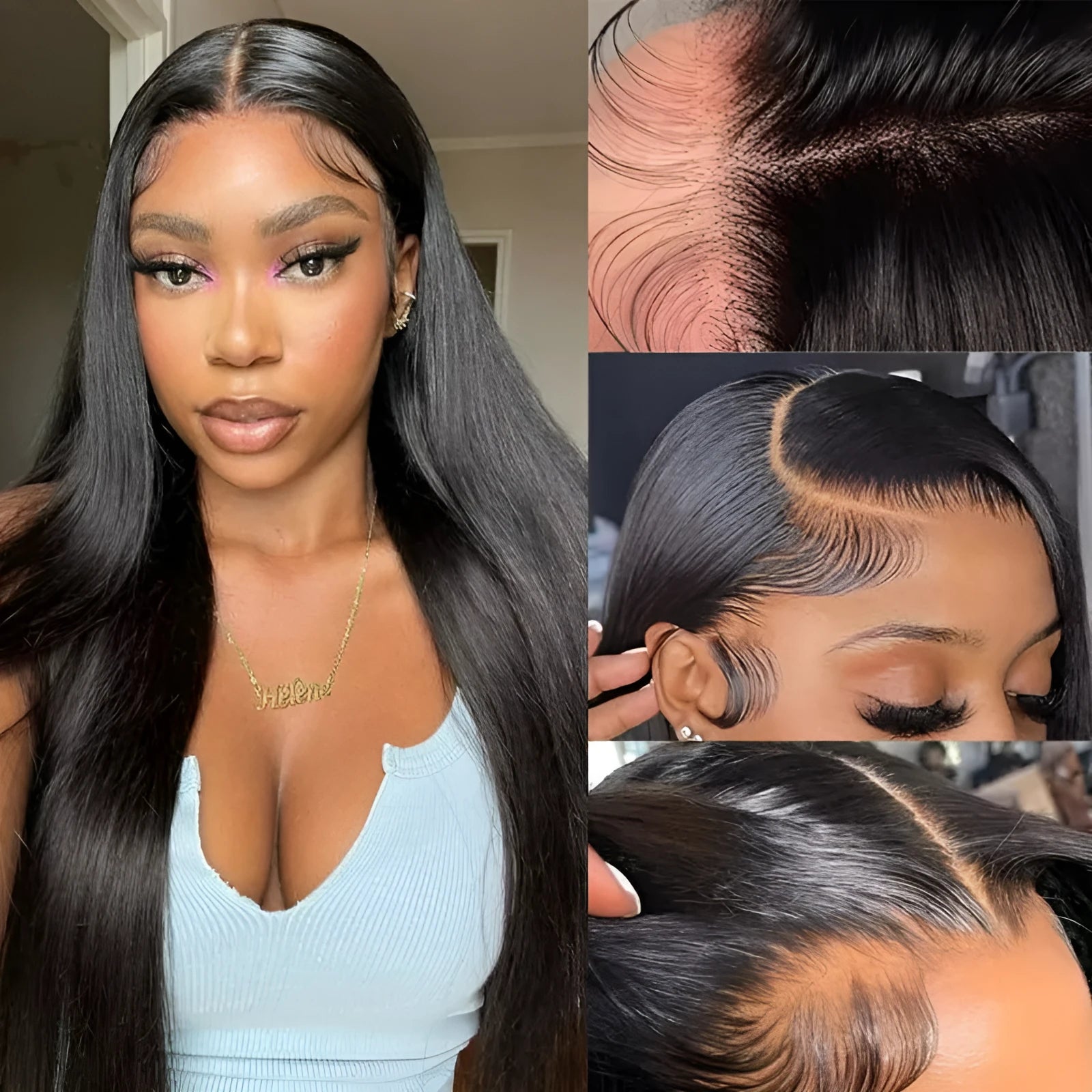 Black straight human hair wig with 13x6 transparent lace front, shown in long length.