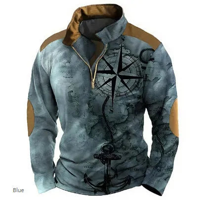 Men's loose fit long sleeve t-shirt with retro stripe prints and zip decorations