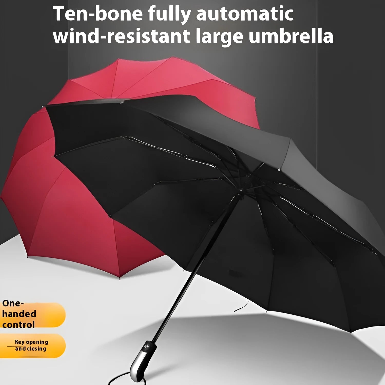 Automatic open triple folding business umbrella in black colour showing steel rib construction