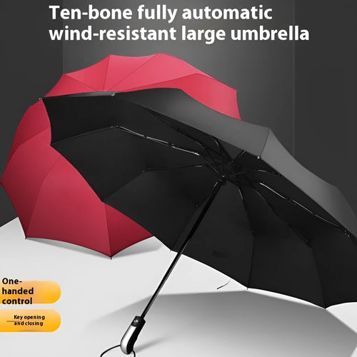 Automatic open triple folding business umbrella in black colour showing steel rib construction