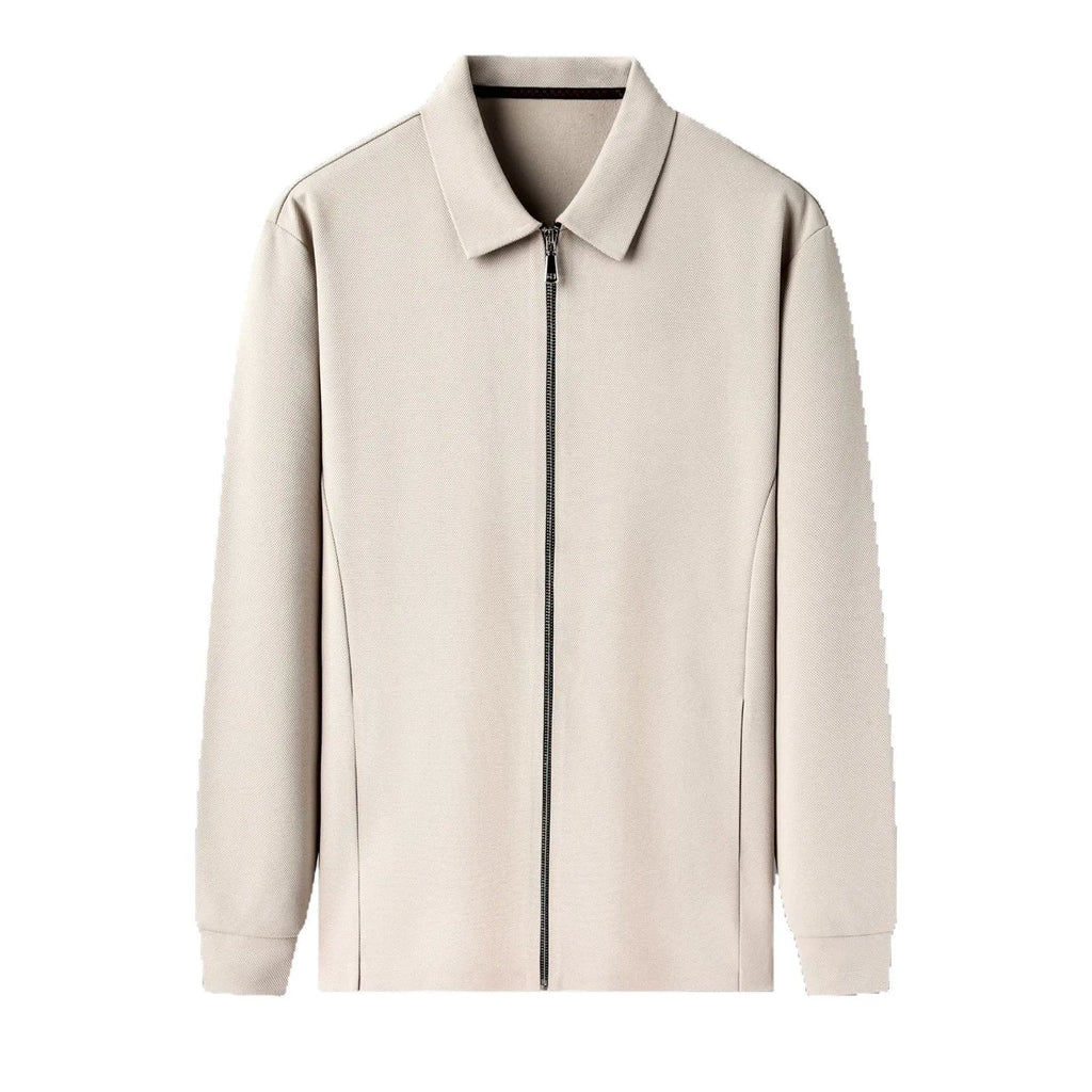 Men's polyester jacket in black, dark grey, or apricot with long sleeves and straight hem.