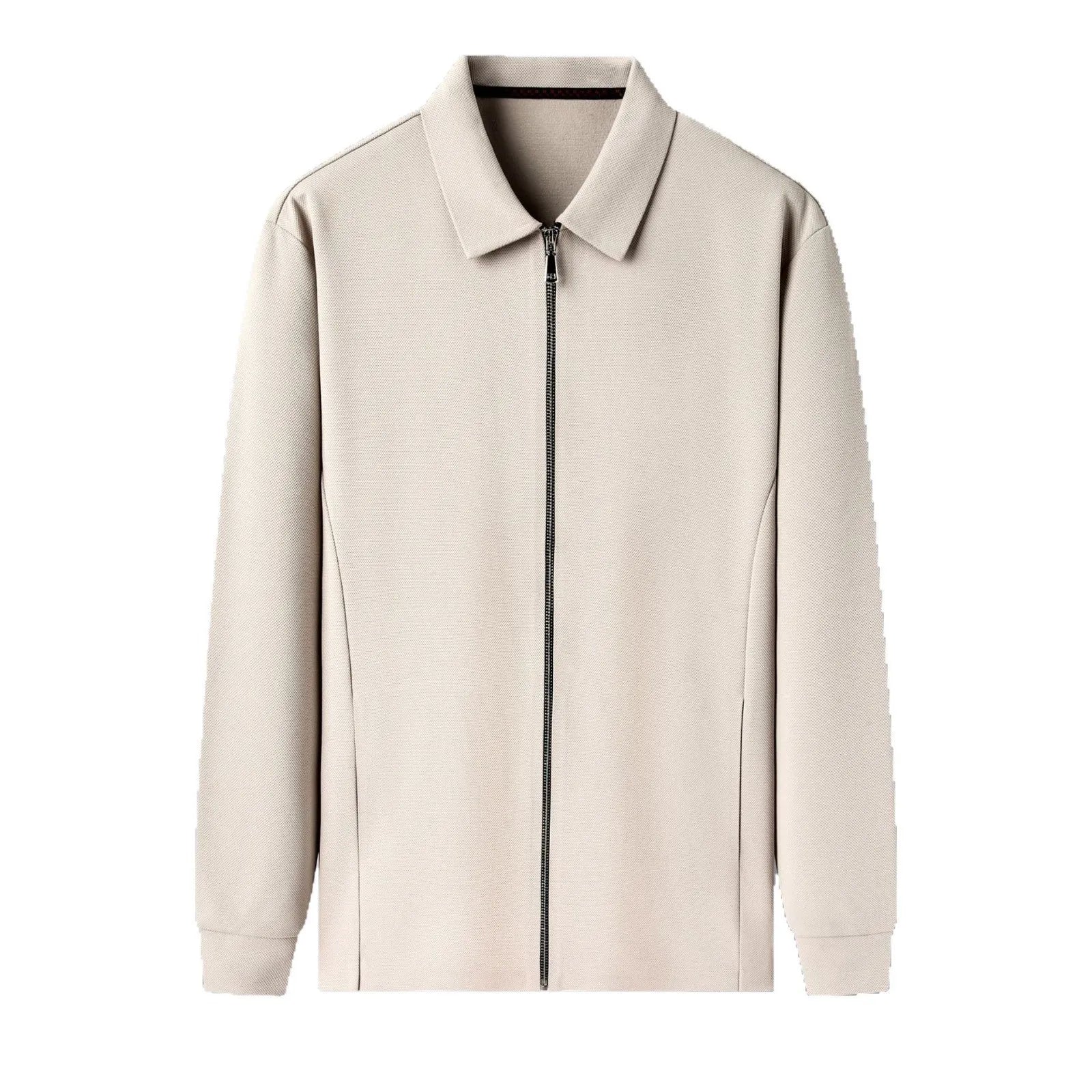 Men's polyester jacket in black, dark grey, or apricot with long sleeves and straight hem.