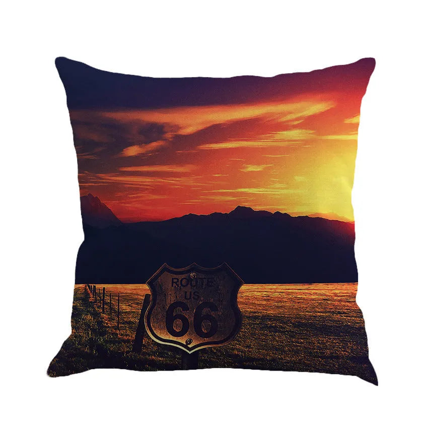 Route 66 landscape pattern on a 45x45 cm linen and cotton blend cushion cover.
