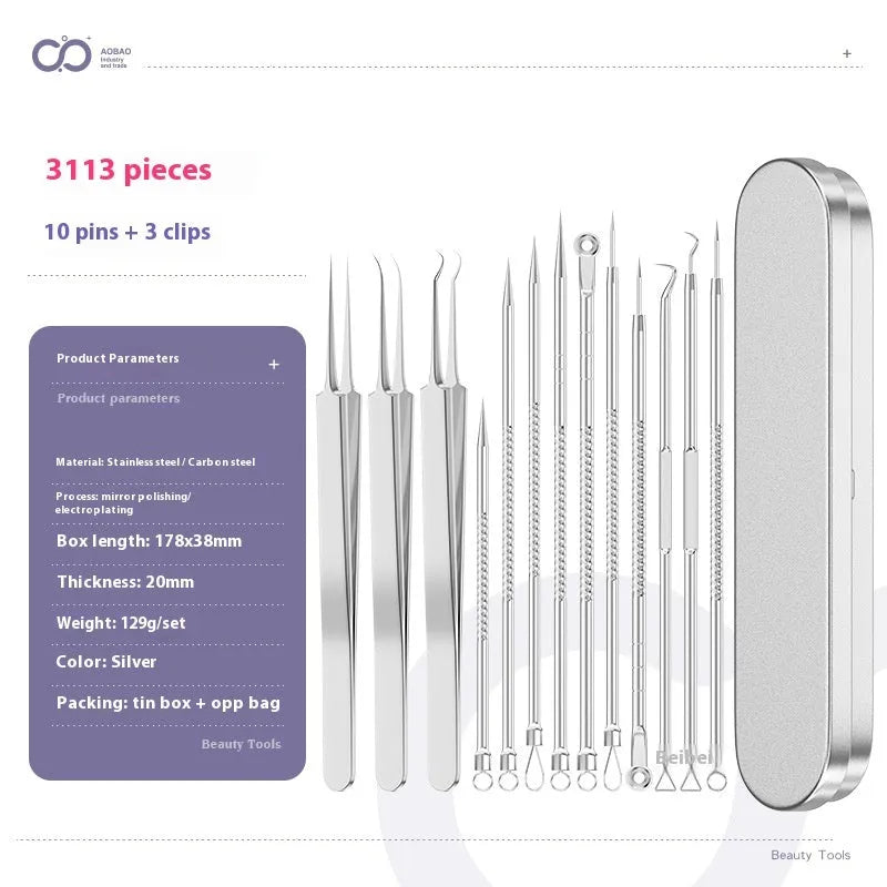 Four metal acne needles with pointed tips arranged on a clean surface.