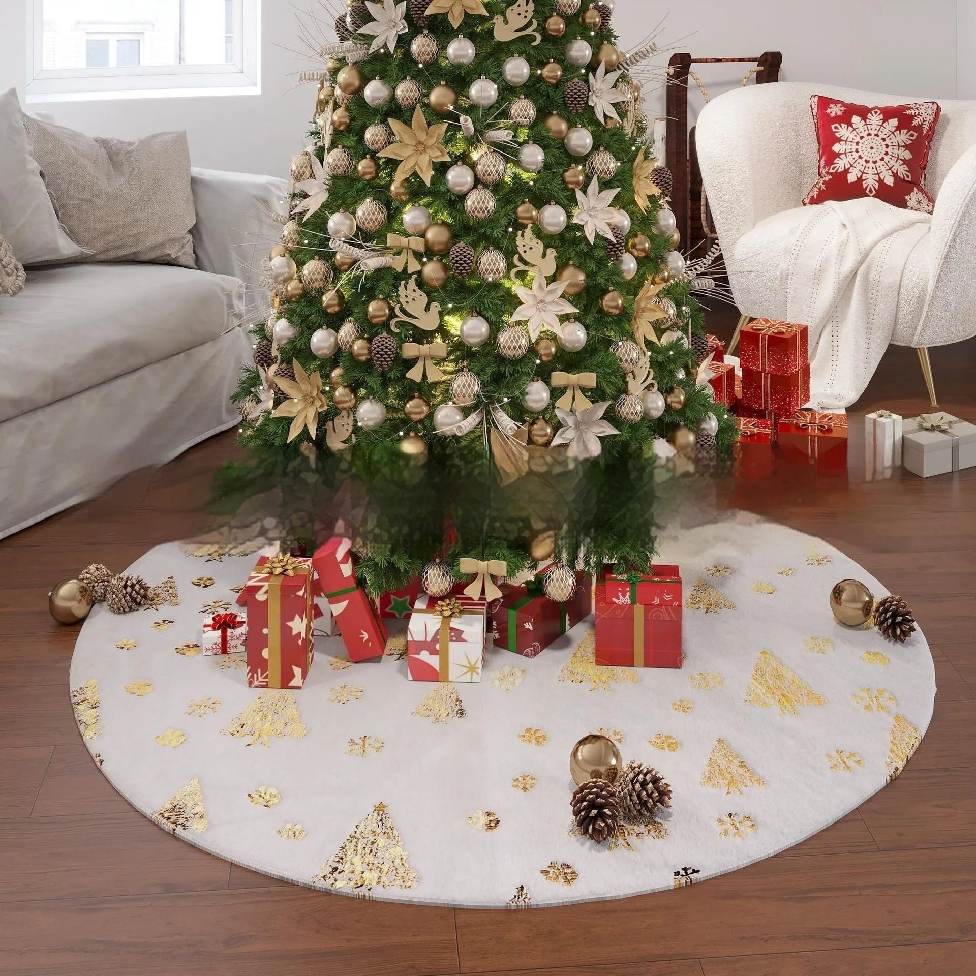 Plush red and green Christmas tree shaped rug with snowflake and star decorations on a wooden floor.