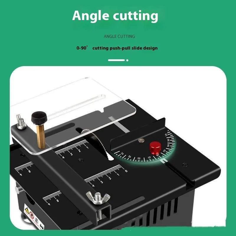 Lithium ion battery-powered metal desktop saw and angle grinder tool kit on a workbench.