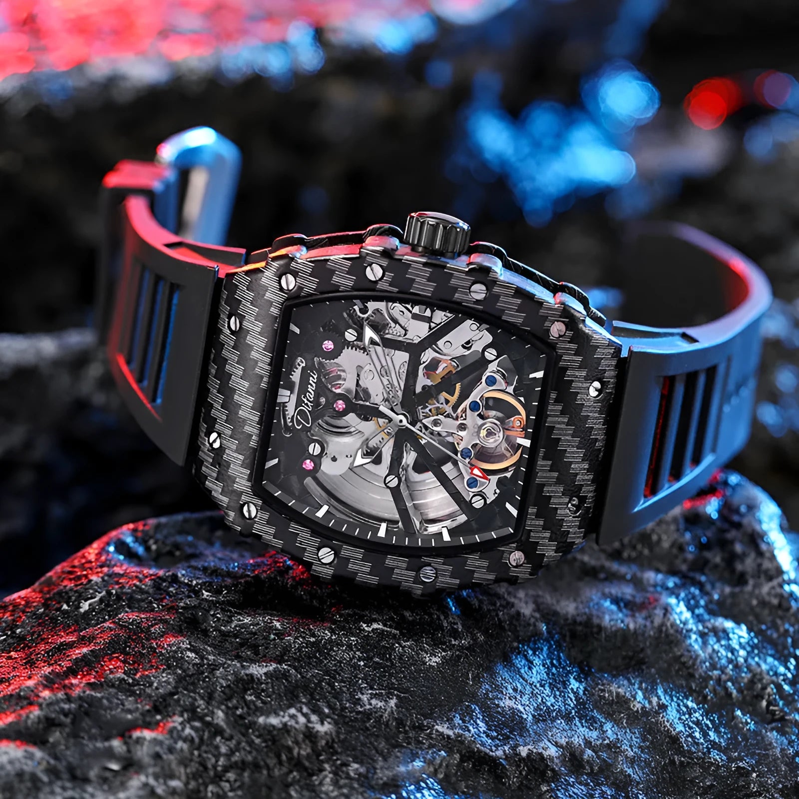 Men's mechanical waterproof watch with luminous dial, rubber strap and see-through case back showing movement