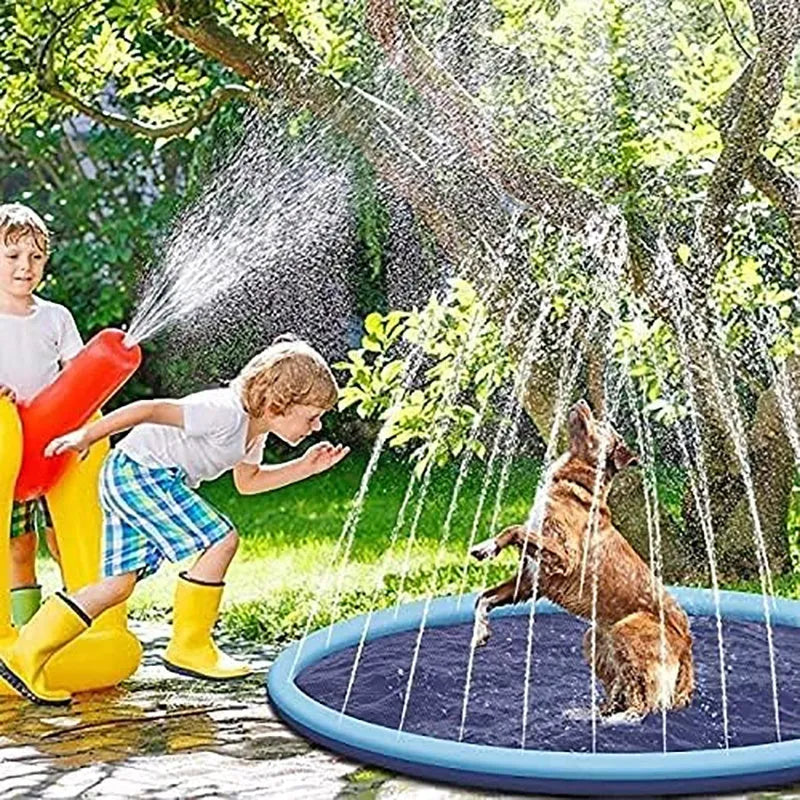 Dog playing on anti-slip inflatable splash pad with integrated sprinkler system outdoors