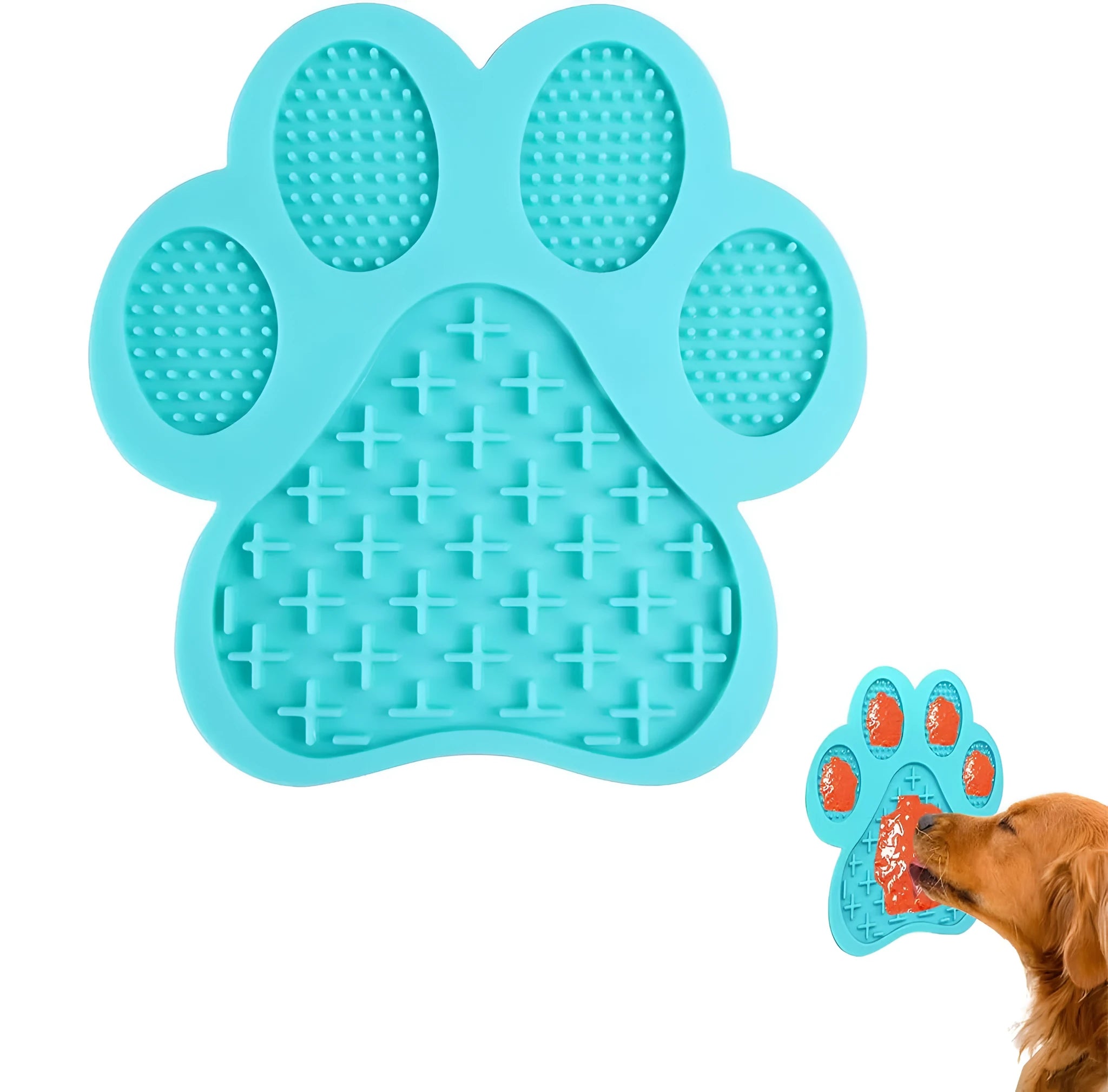 Blue bone-shaped silicone dog licking mat with suction cups on the back.