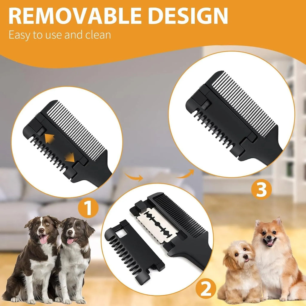 Pet razor comb for dogs and cats with replacement blades on a white background