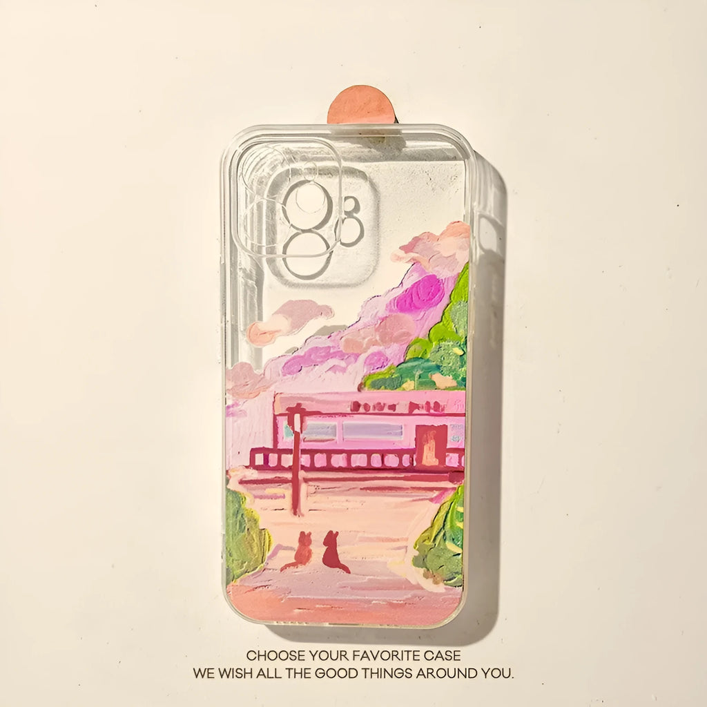 Soft silicone mobile phone case for iPhone with a colourful cartoon design of two cats on the back.