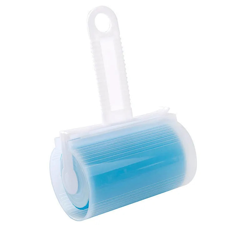 Blue washable reusable lint roller with cover for removing pet hair from clothes.