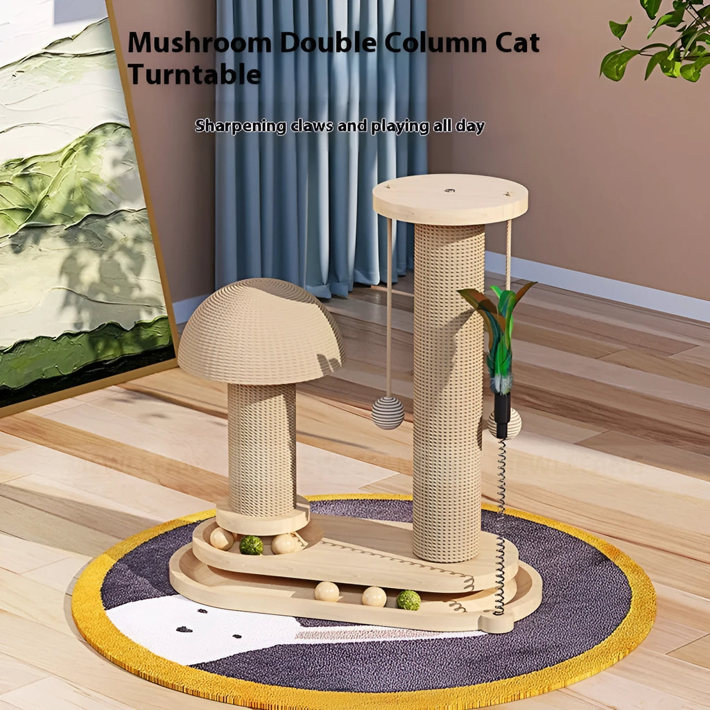 Solid wood cat scratching post with a central turntable, shown in a basic large flower style.