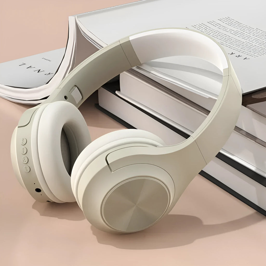 Wireless Bluetooth headset in chalk black colour showing creative design and head-mounted style