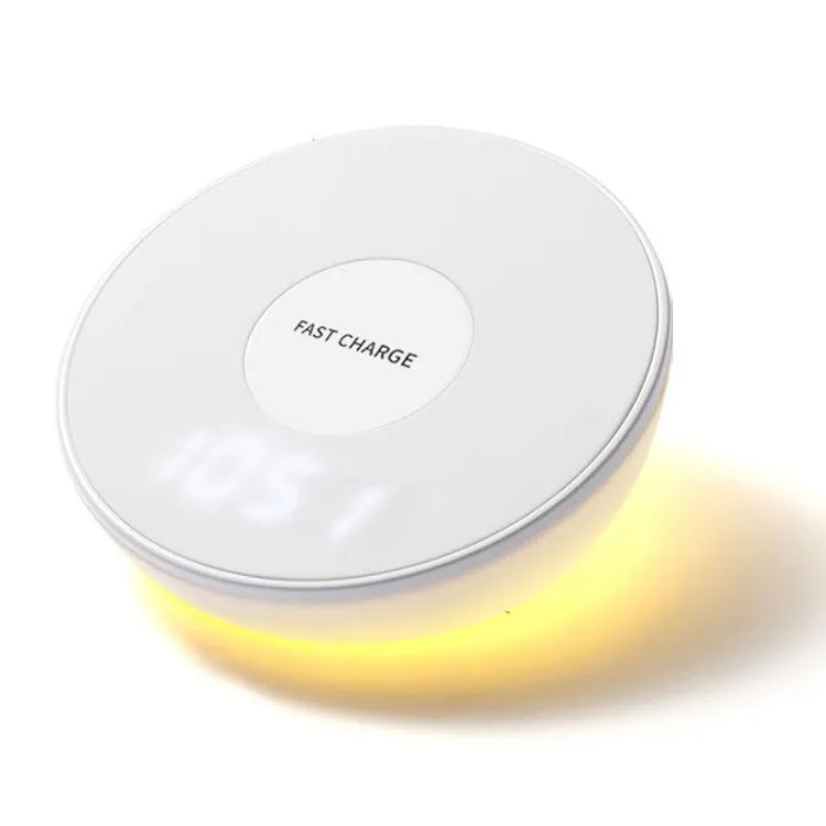 White wireless charger with digital clock display and three control buttons for mobile phones