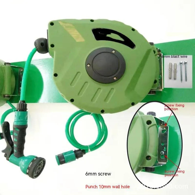 Automatic retractable hose reel with 10 metre PVC water pipe in compact drum for car washing