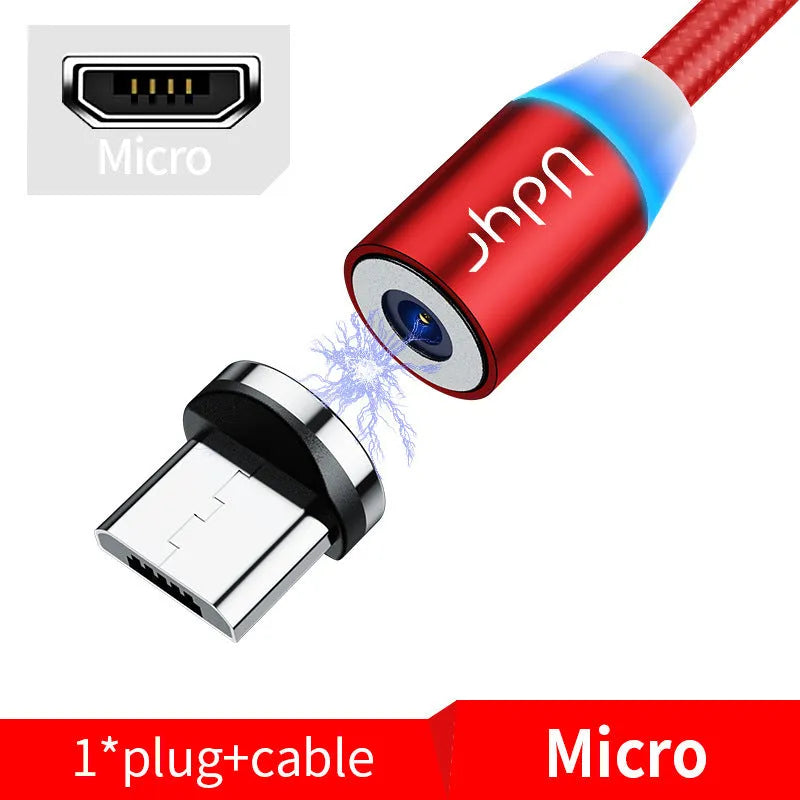 Black magnetic charging cable with three detachable magnetic heads for iPhone, USB-C, and Micro-USB connectors.