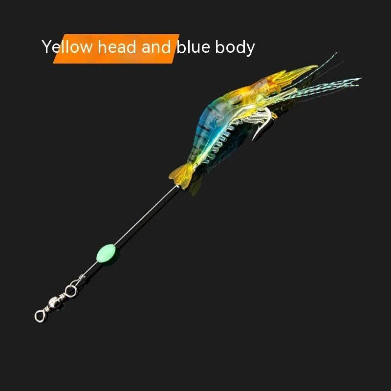 Six soft fishing lures with hooks in different colours including luminous and transparent variations