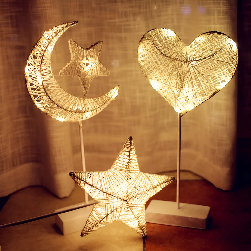 Rattan LED star lamp and heart lamp with copper wire frame for bedroom decoration