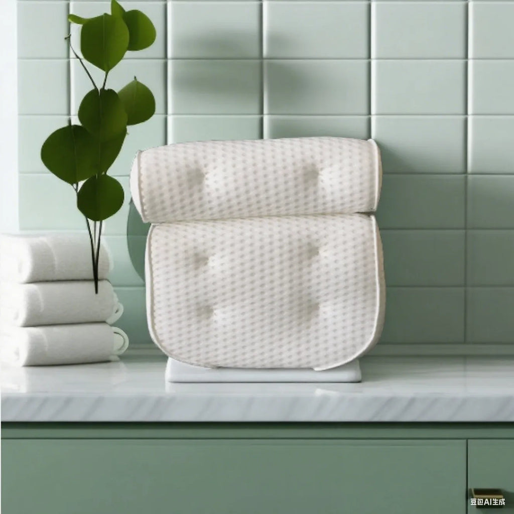 White bathtub pillow with 4D mesh surface and 7 suction cups on back