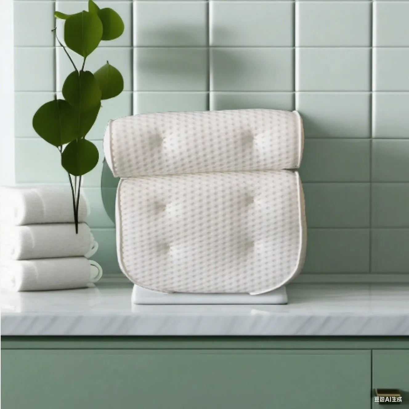 White bathtub pillow with 4D mesh surface and 7 suction cups on back