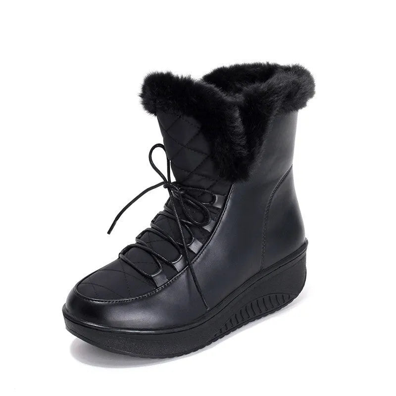 Women's black winter platform boots with lace-up closure and plush lining