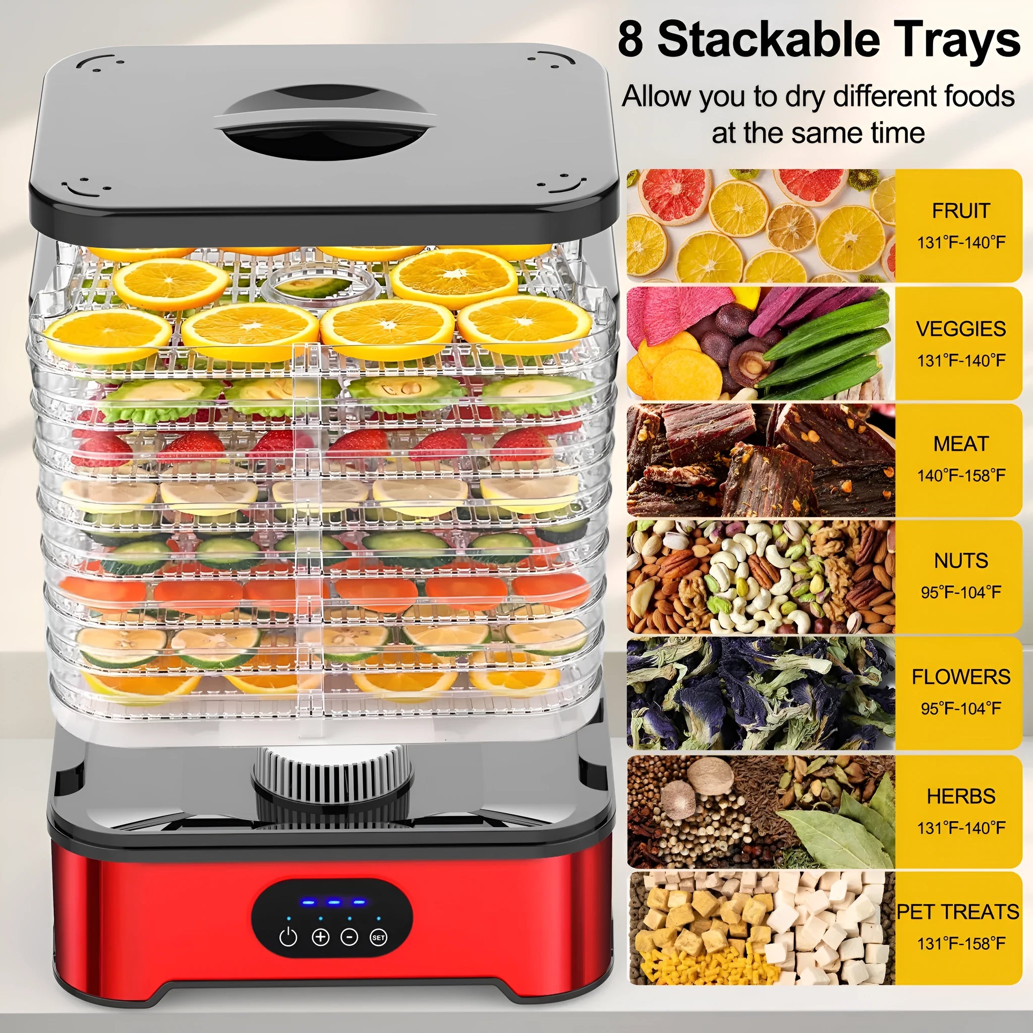 Eight-layer food dehydrator appliance in silver or red finish with collapsible design for compact storage