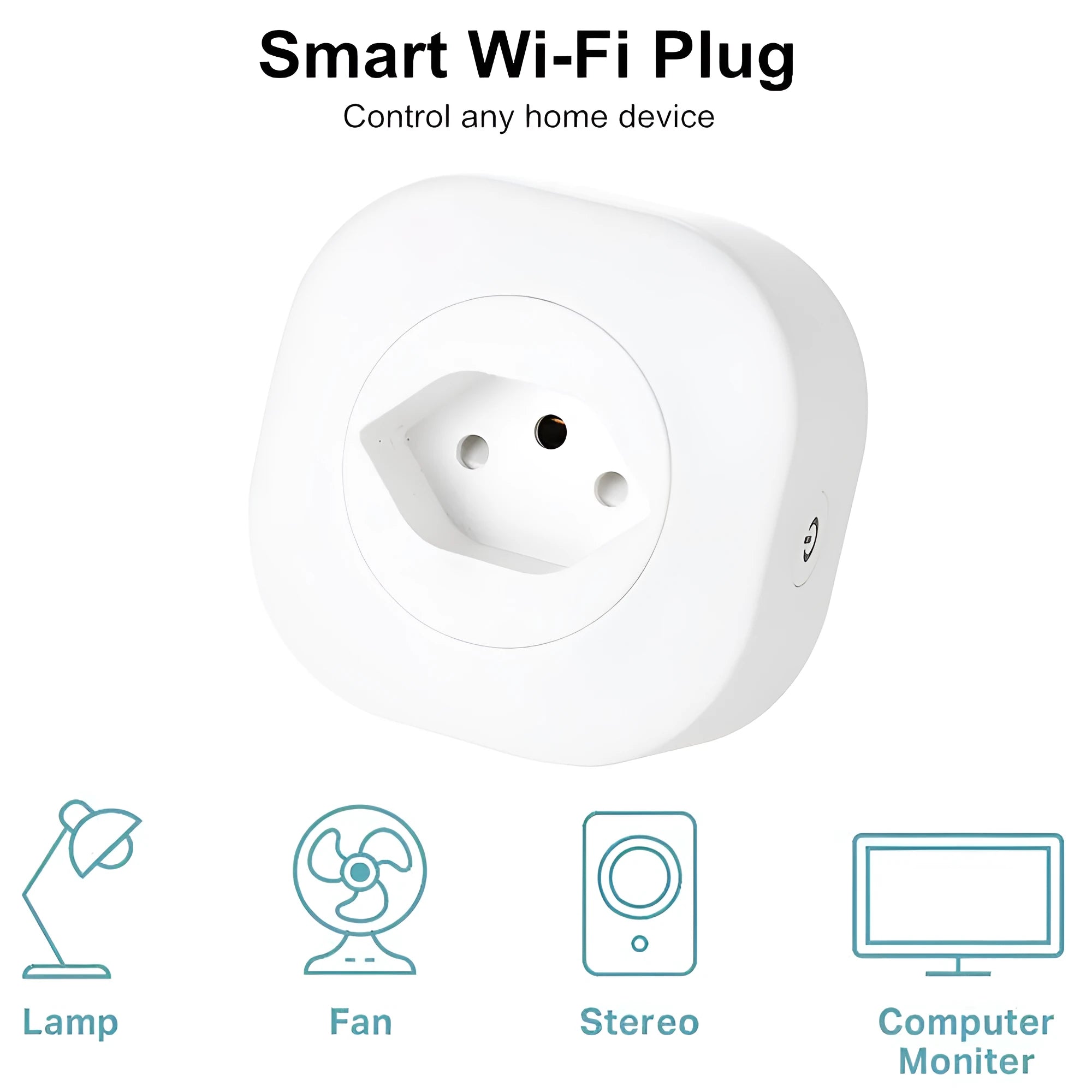 White smart socket plug with voice control, dimensions 70x70x72mm