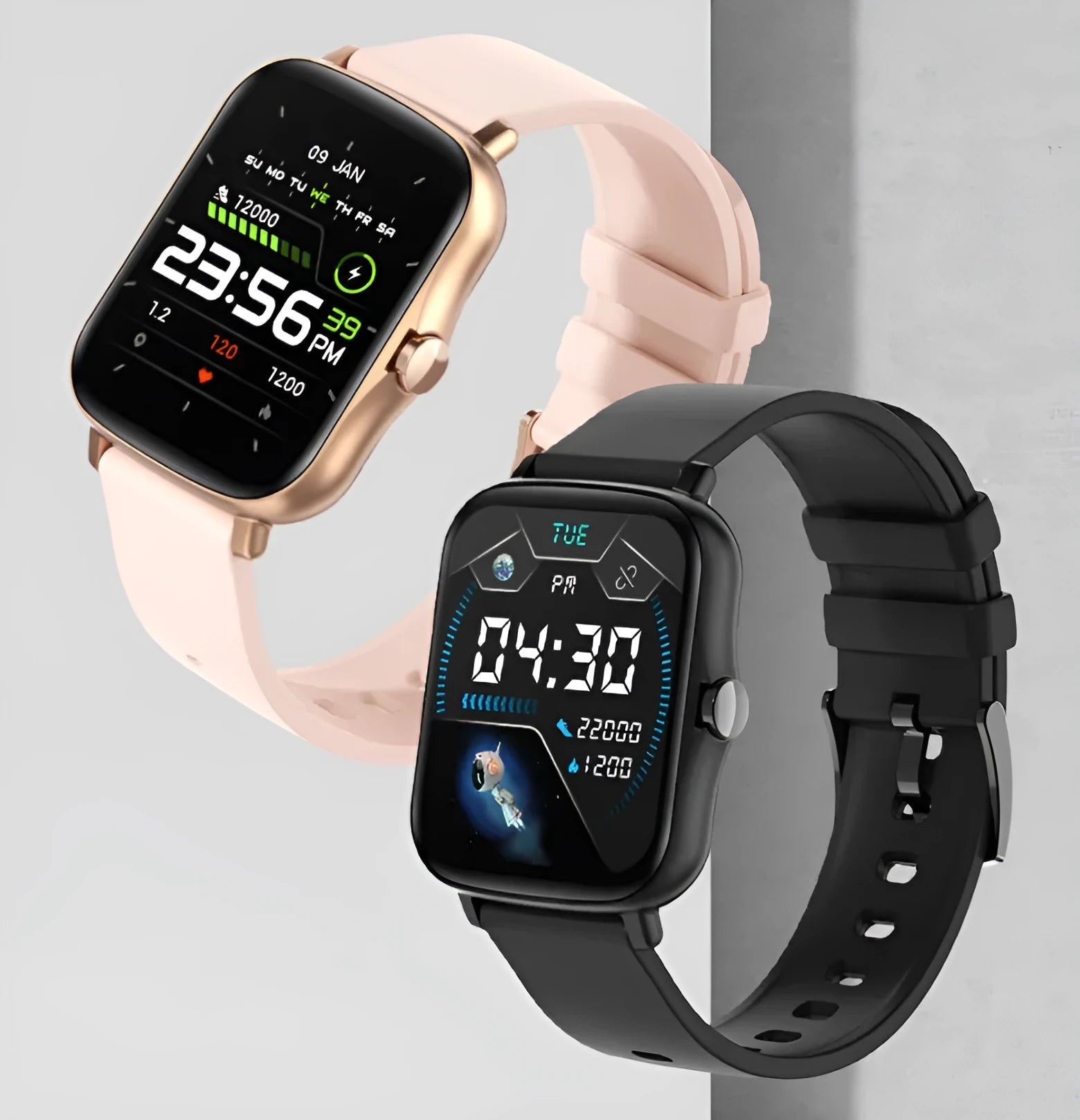 Blue smart watch with 1.7-inch colour touch screen on a wrist, showing fitness data.