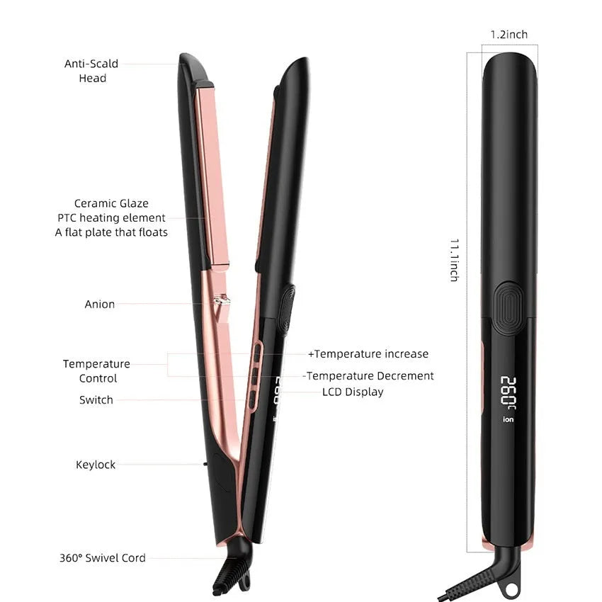 207℃ negative ion hair straightener with temperature display and ceramic plates