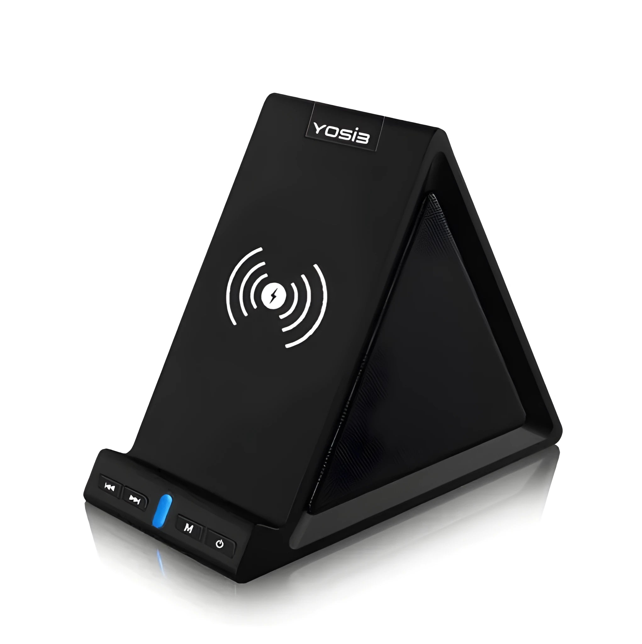 Black ABS Bluetooth speaker with integrated wireless charging pad and phone stand, shown on a desk.