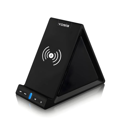 Black ABS Bluetooth speaker with integrated wireless charging pad and phone stand, shown on a desk.