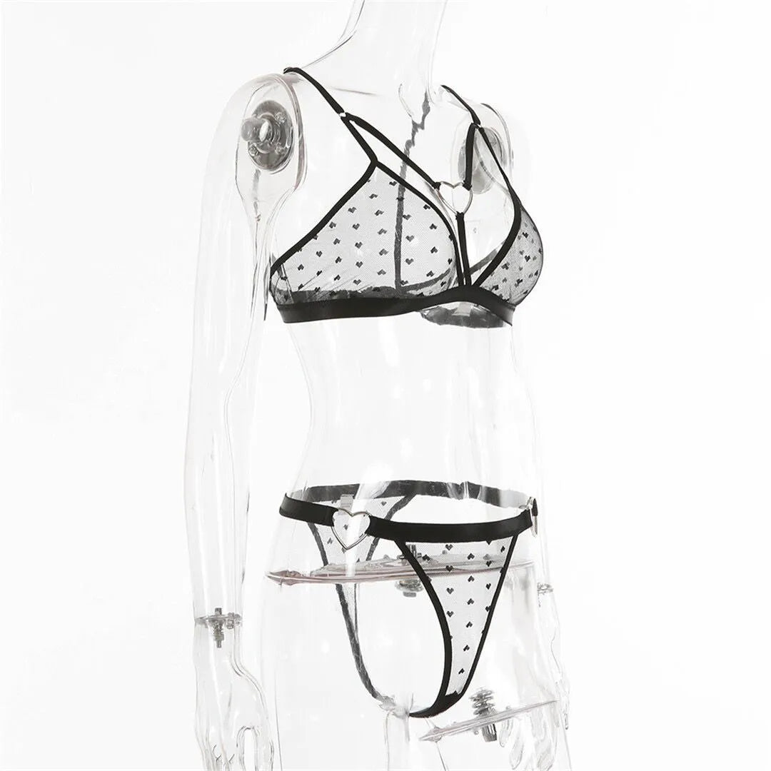 Ladies black mesh two-piece set with matching top and spandex pants