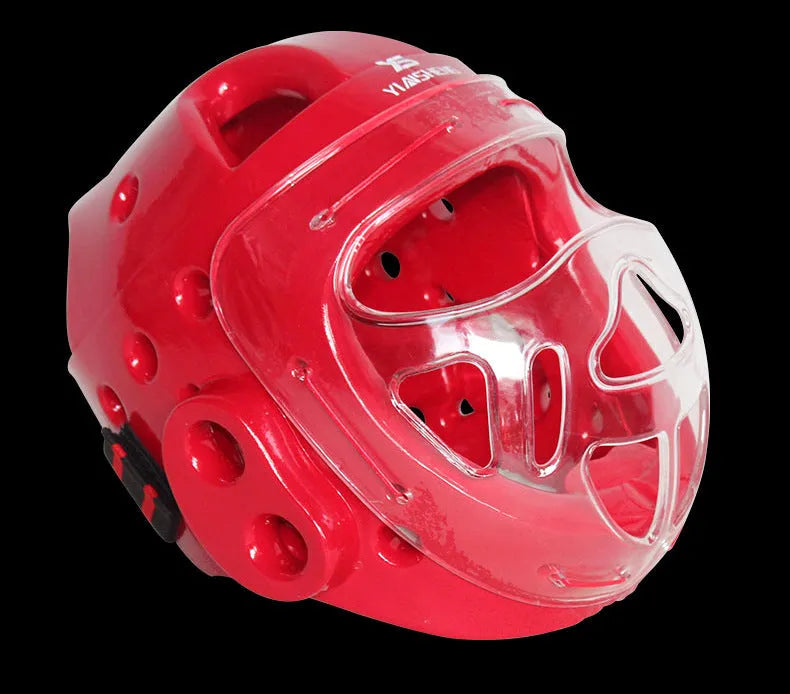 Karate helmet protective equipment in white blue red colours with S M L XL sizing for boxing head protection