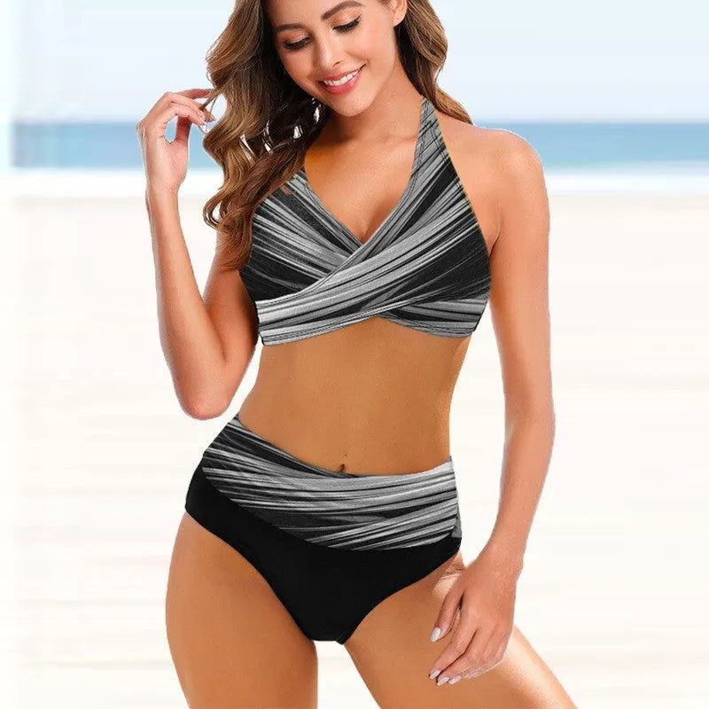 European American ladies striped tie-dye hollow bikini swimsuit with high-waist briefs and backless design