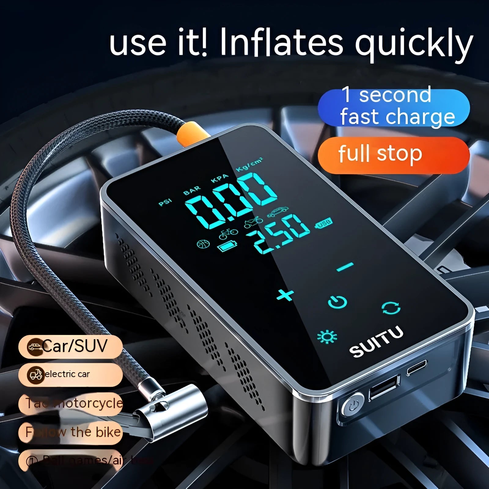 ST-9616C compact black wireless car tyre inflator with LCD screen, hose, and nozzle set on a cloth bag