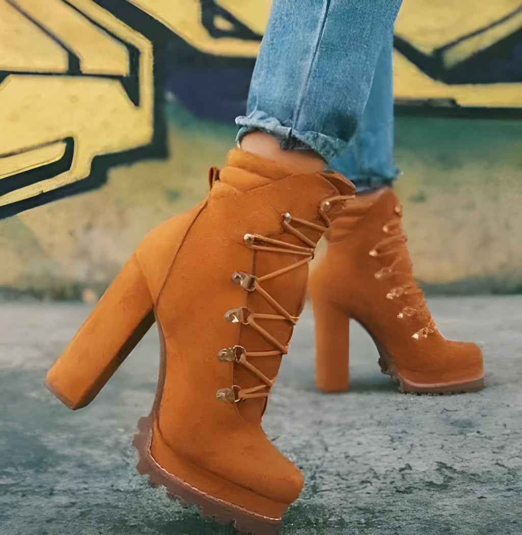 Women's suede ankle boots with thick heels, waterproof platform, and round toe design in multiple colours