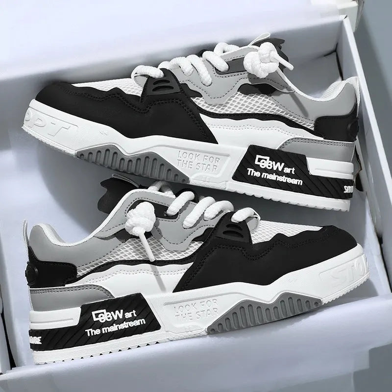 Men's board shoes with rubber soles in white and yellow, white and black, and beige colour options