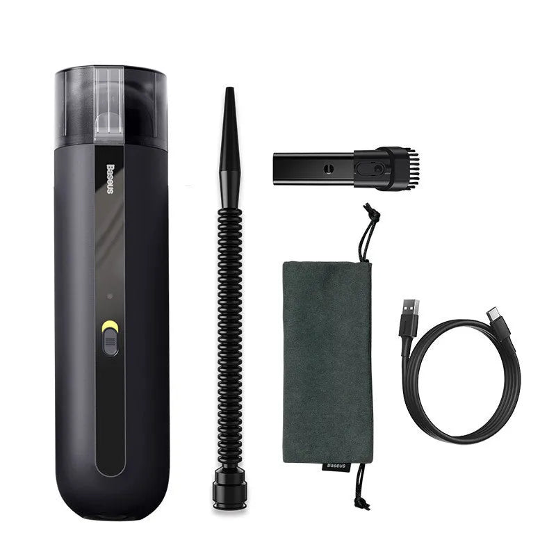 Baseus handheld car vacuum cleaner in black, white, or green, shown with blowing hose attachment.