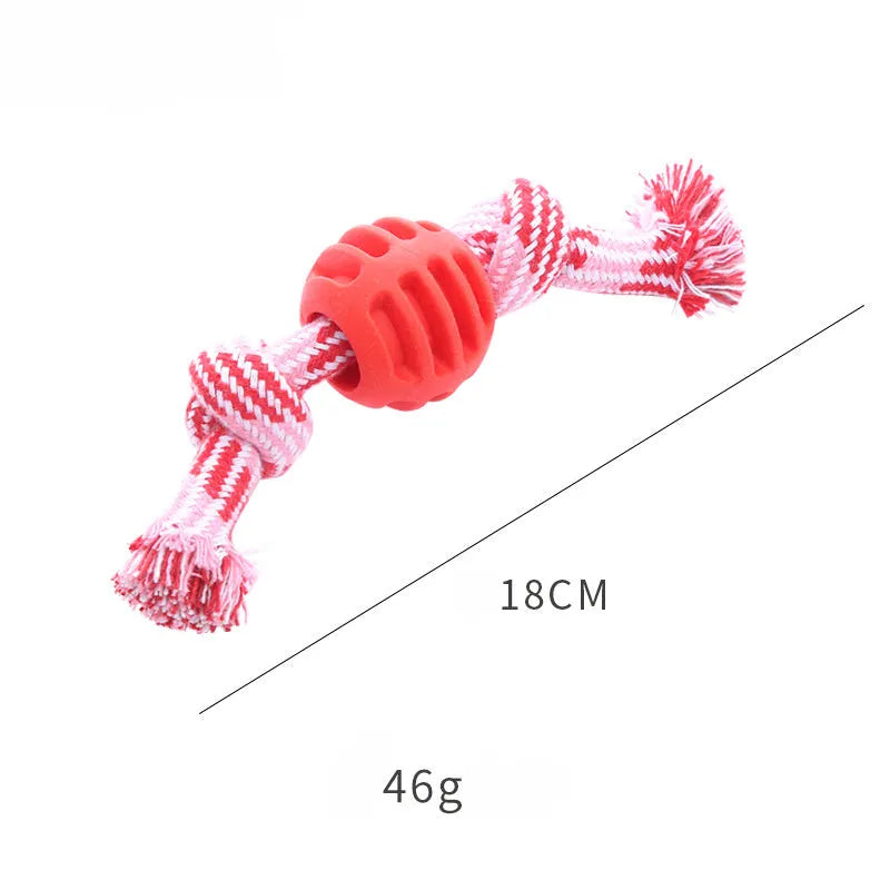 Blue molar-shaped dog chew toy with attached ropes for dental cleaning and tugging play.