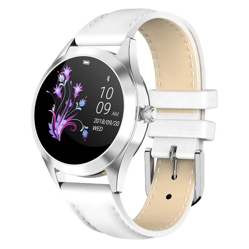 Women's multi-functional sports smartwatch showing heart rate monitoring and waterproof features