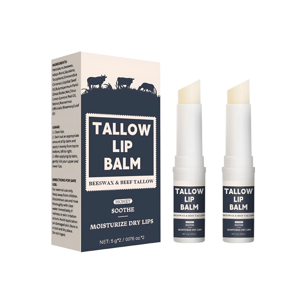 Two light grain soft full lips beef fat lip balms in standard packaging