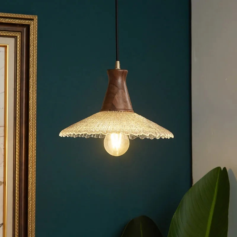 Retro wood and glass ceiling chandelier with brass-colour finish in three sizes.