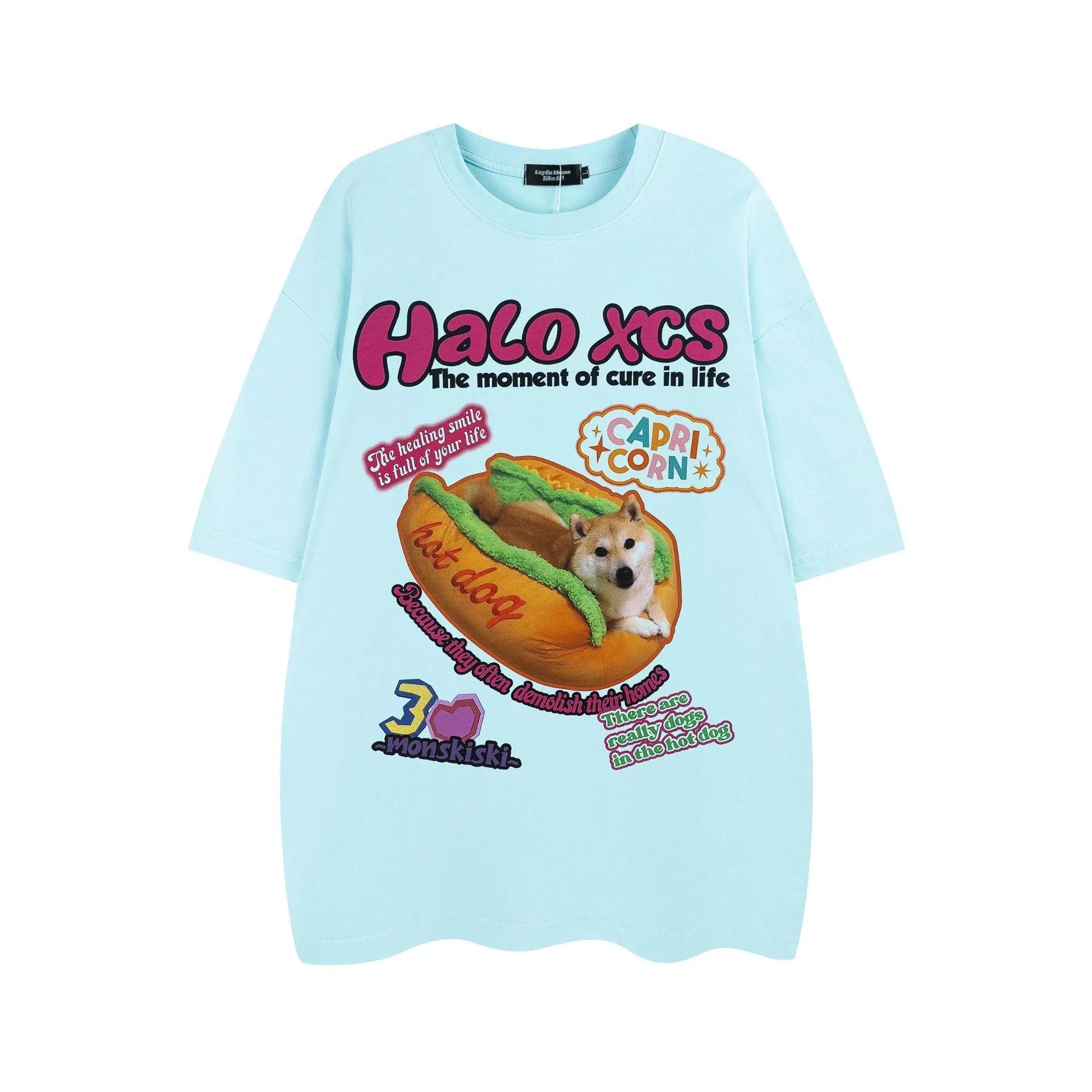 Cartoon hamburger dog printed cotton t-shirt in loose fit showing front design