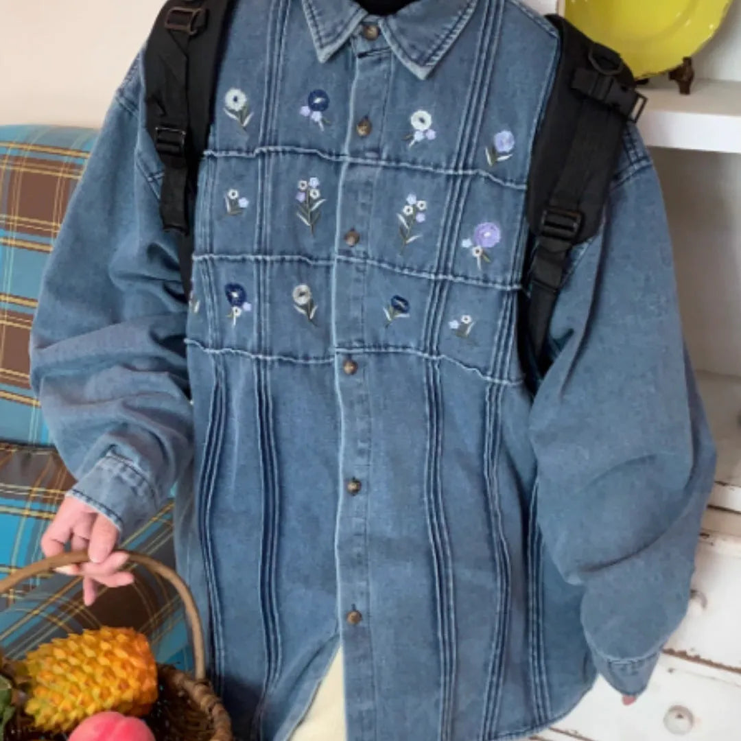 Vintage washed blue denim shirt with small floral pleats and long sleeves